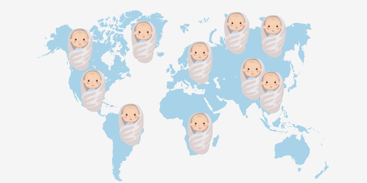 Map highlighting countries around the world where Dr. Mehmet Koc has successfully treated patients, with images of happy families and babies